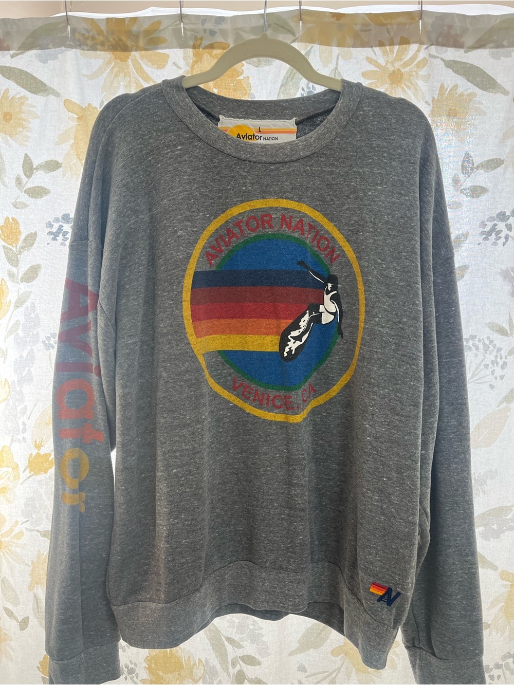 Aviator Nation Gray Crewneck Sweatshirt with Multicolor Logo